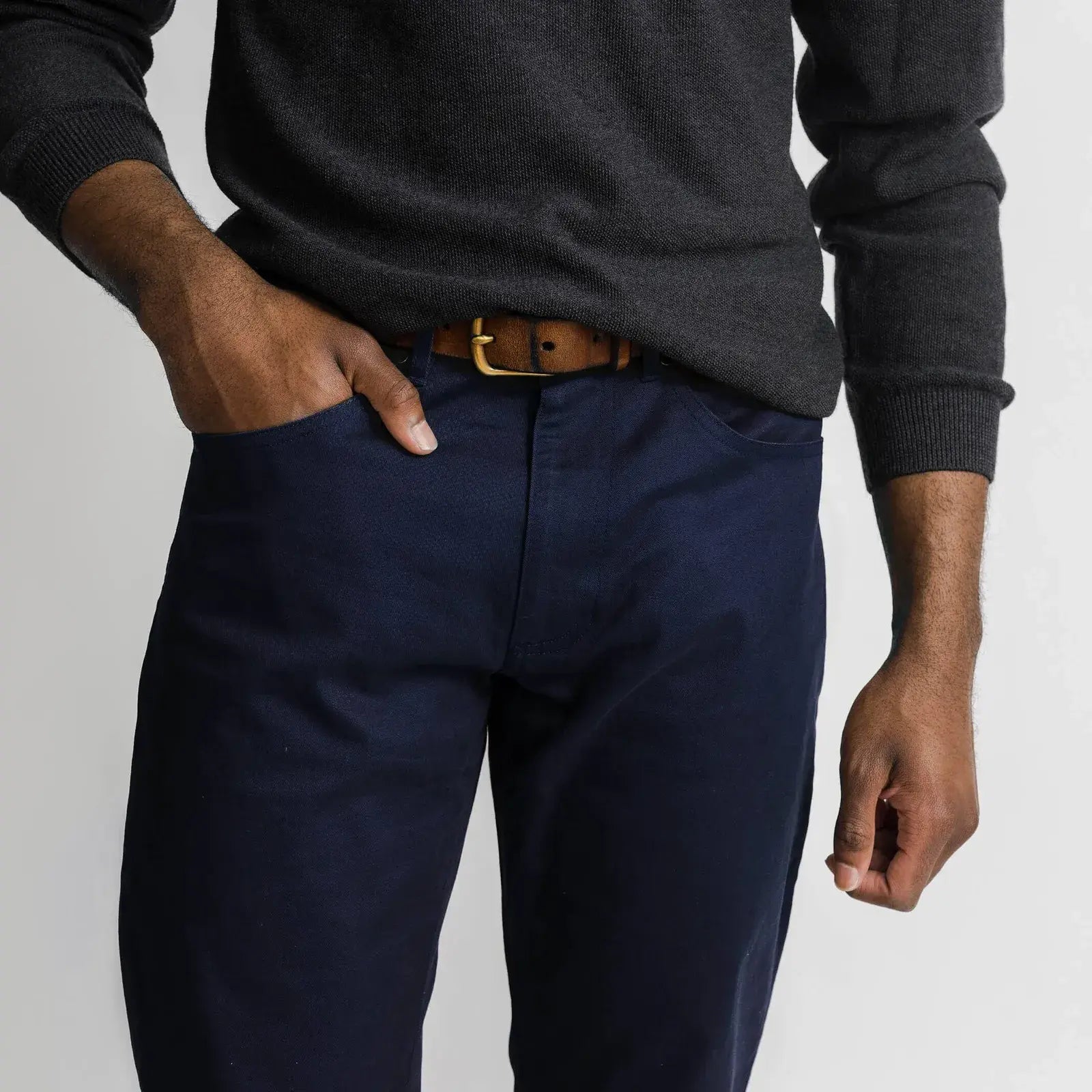 Ledbury Navy Franklin 5 Pocket Custom Pant — detail view of fabric and five-pocket styling