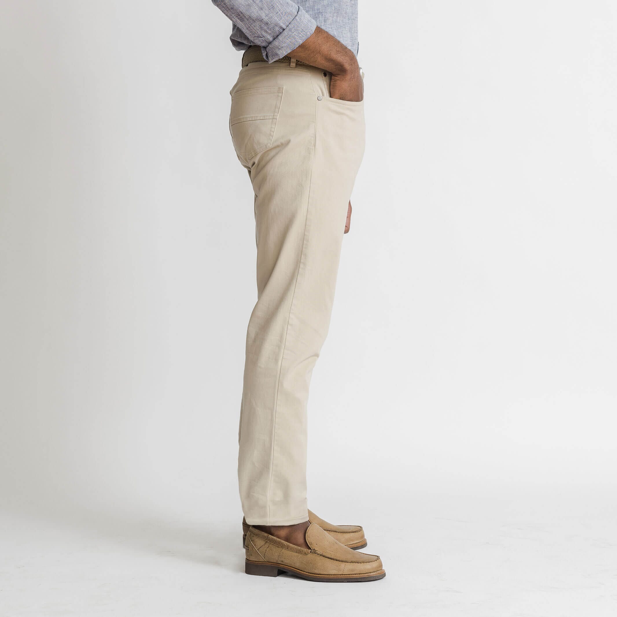 Ledbury Tan Franklin 5 Pocket Custom Pant — side view showing clean lines and tailored silhouette