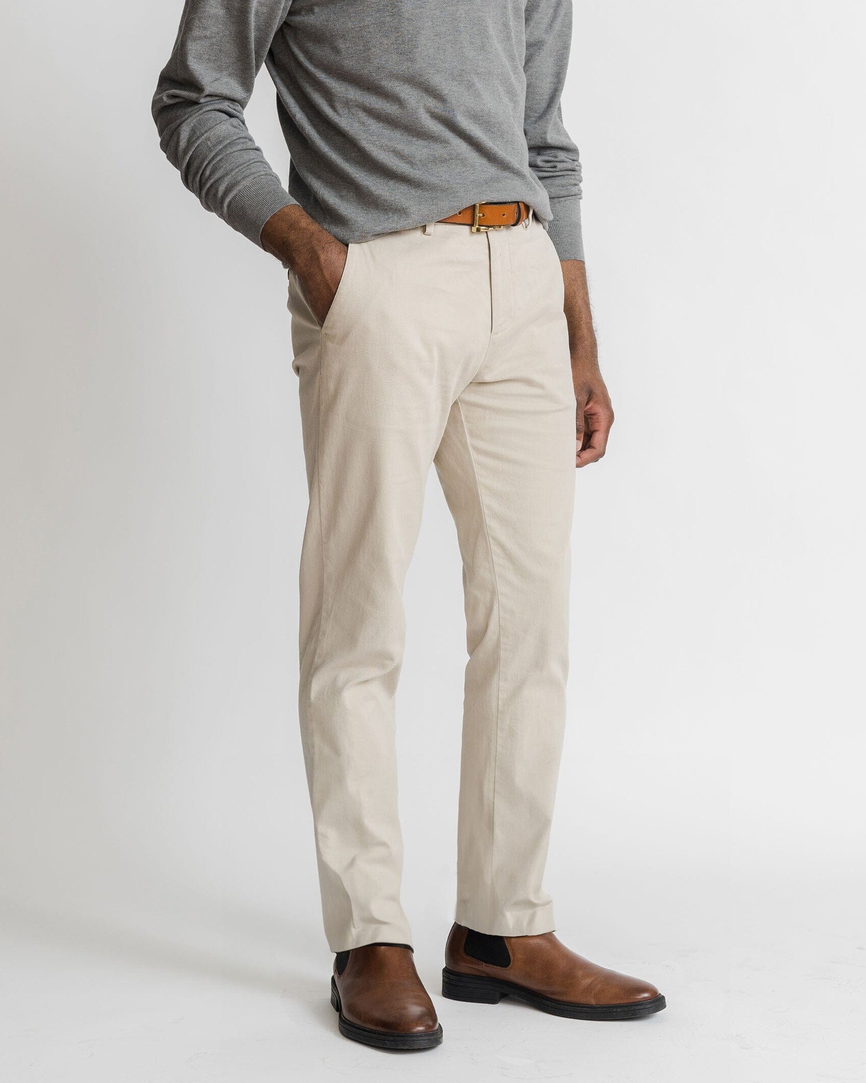 Man wearing tan twill chinos by Ledbury