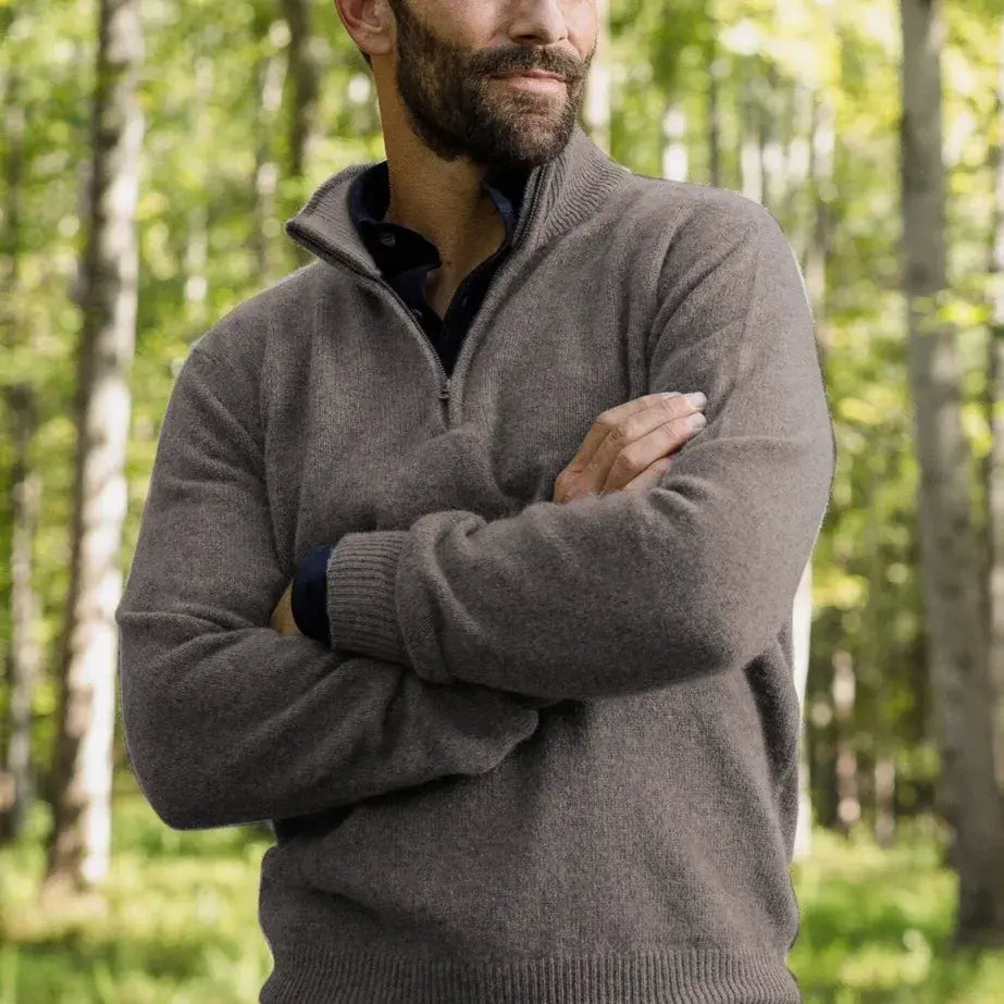 Men's Seal Heather Ashton quarter-zip sweater styled over a button-down — lifestyle shot