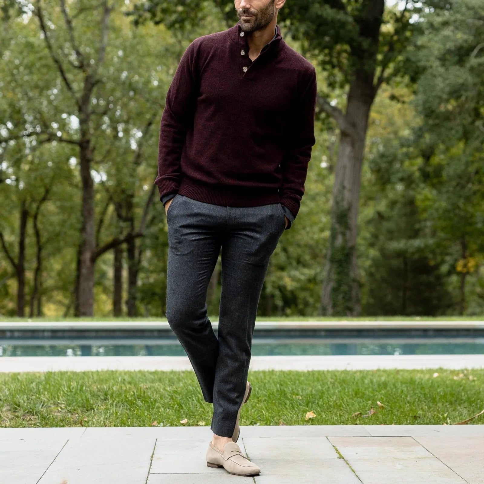 Dark Burgundy Brewer Mock Neck Sweater worn in lifestyle setting over a dress shirt