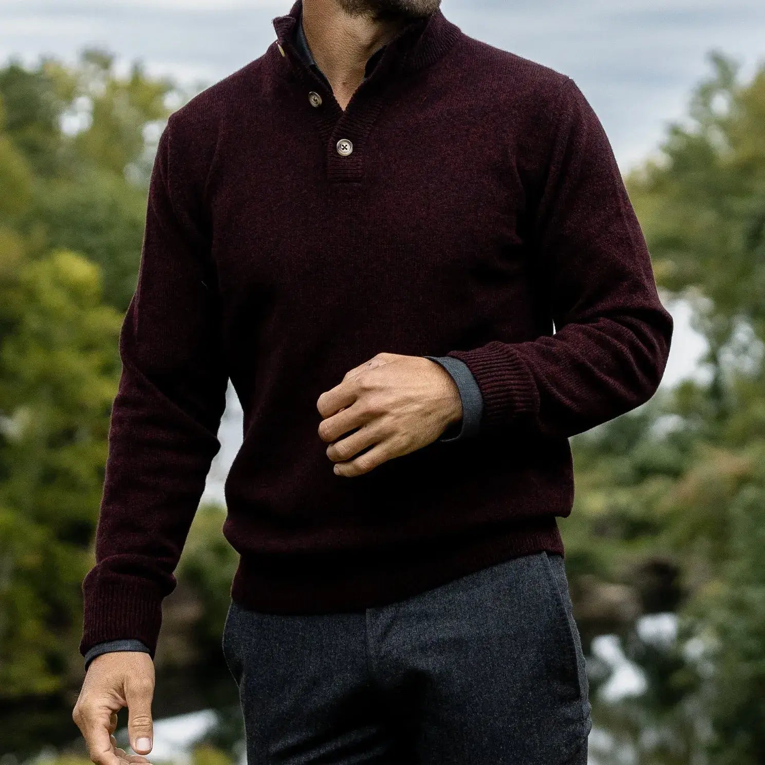 Dark Burgundy Brewer Mock Neck Sweater styled in second lifestyle shot, showing fit