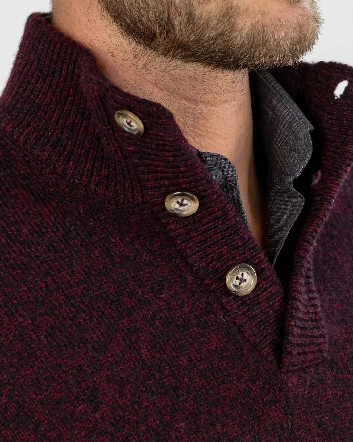 Three-button ribbed mock collar detail on the Dark Burgundy Brewer Mock Neck Sweater