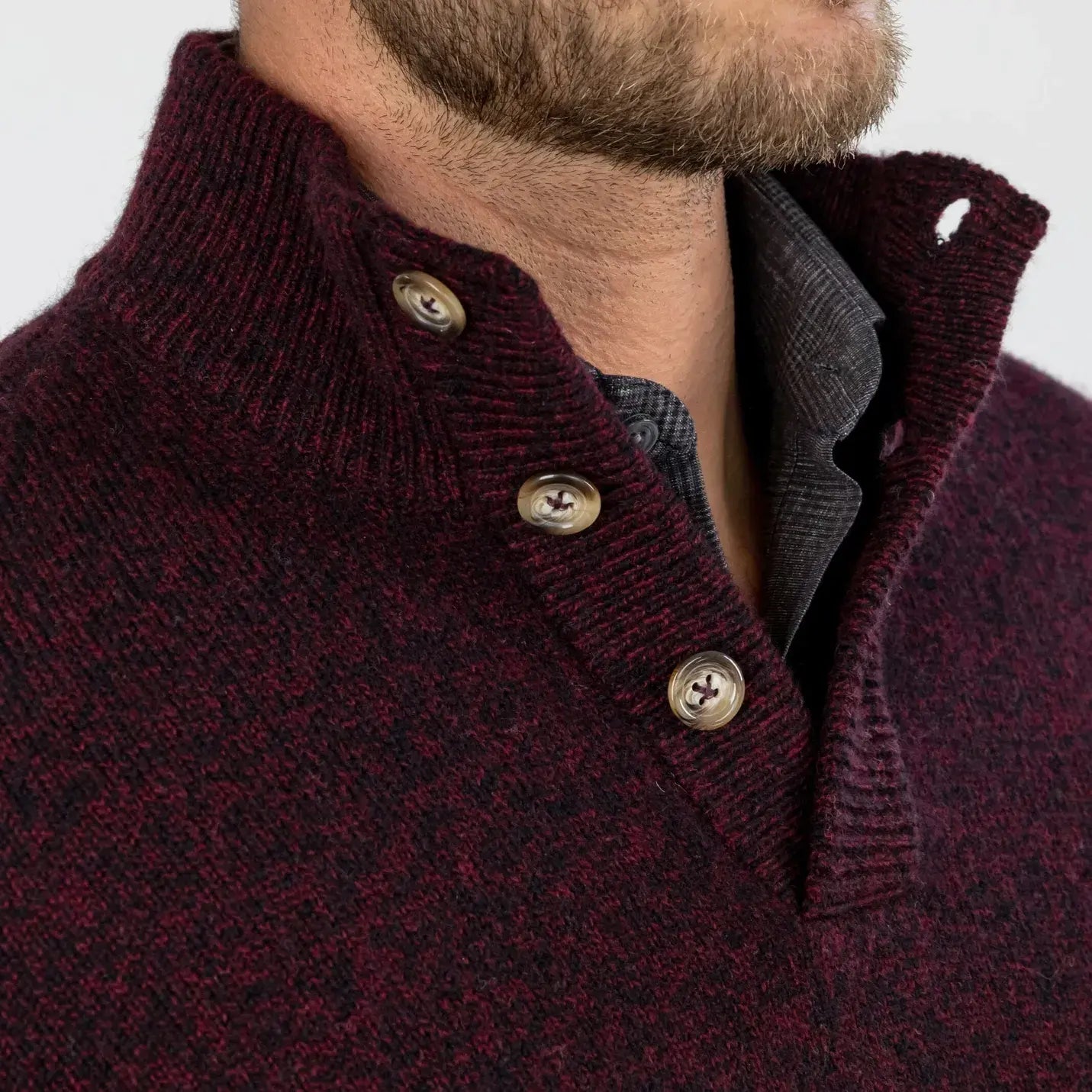 Three-button ribbed mock collar detail on the Dark Burgundy Brewer Mock Neck Sweater