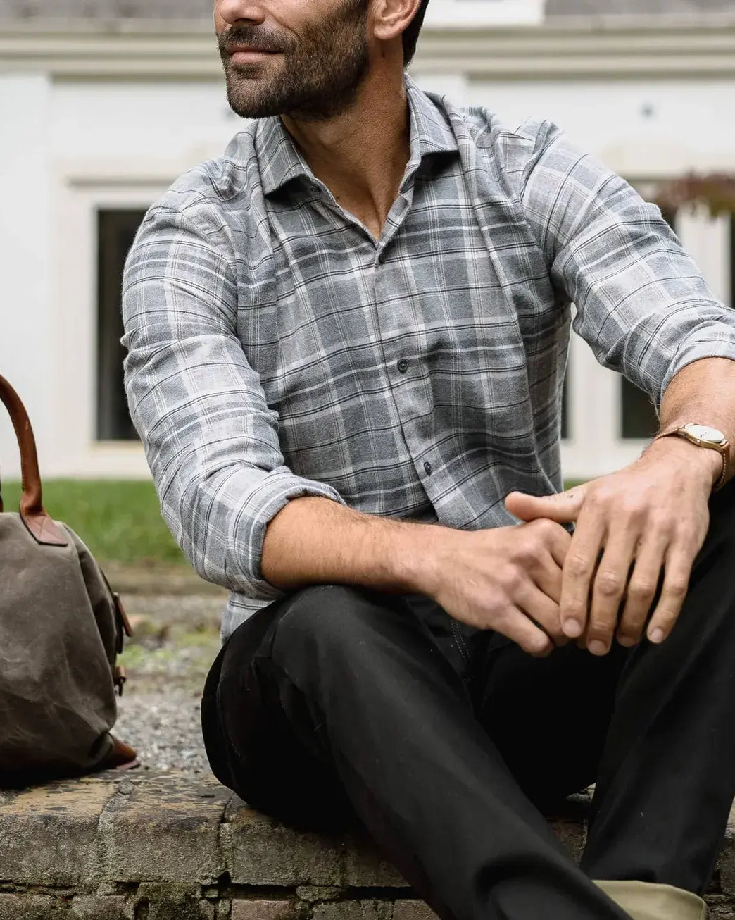 Man wearing Light Grey Callisto Plaid flannel shirt - casual lifestyle photo