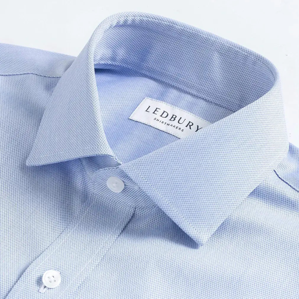 Blue dobby dress shirt collar detail - Italian fabric construction