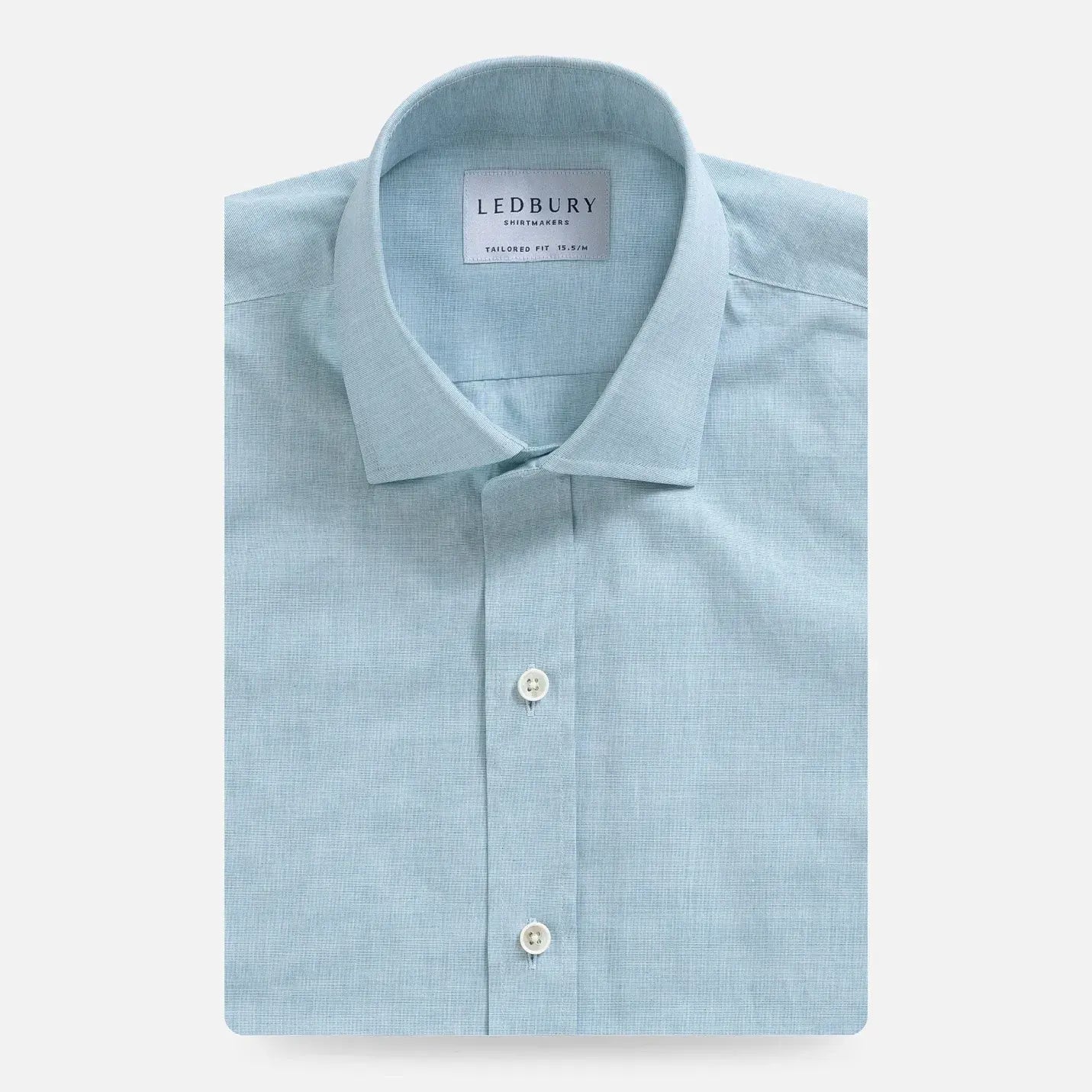 Green chambray custom dress shirt front view - Ledbury Hucks textured shirt