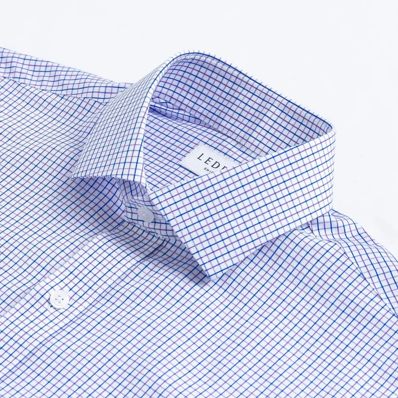 Custom dress shirt purple Hughes check pattern close-up