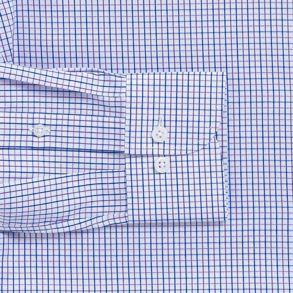 Purple Hughes check dress shirt cuff and sleeve detail