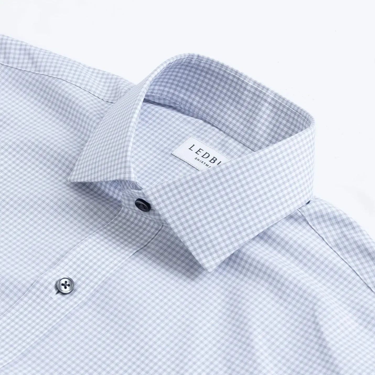 Light grey dress shirt collar with gingham check - Kent micro-twill