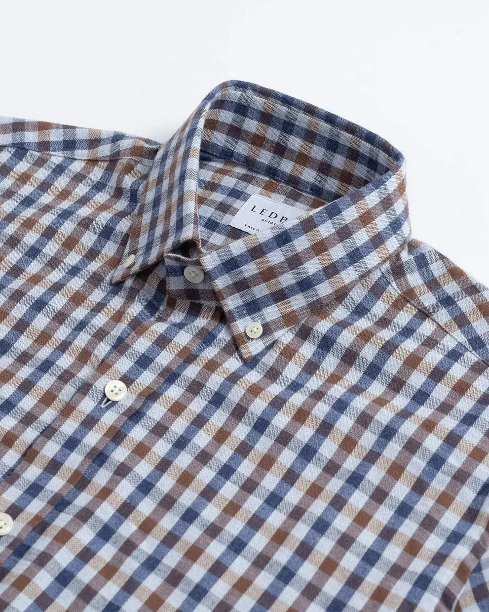 Kyger Check shirt button-down collar detail - brushed herringbone weave close-up