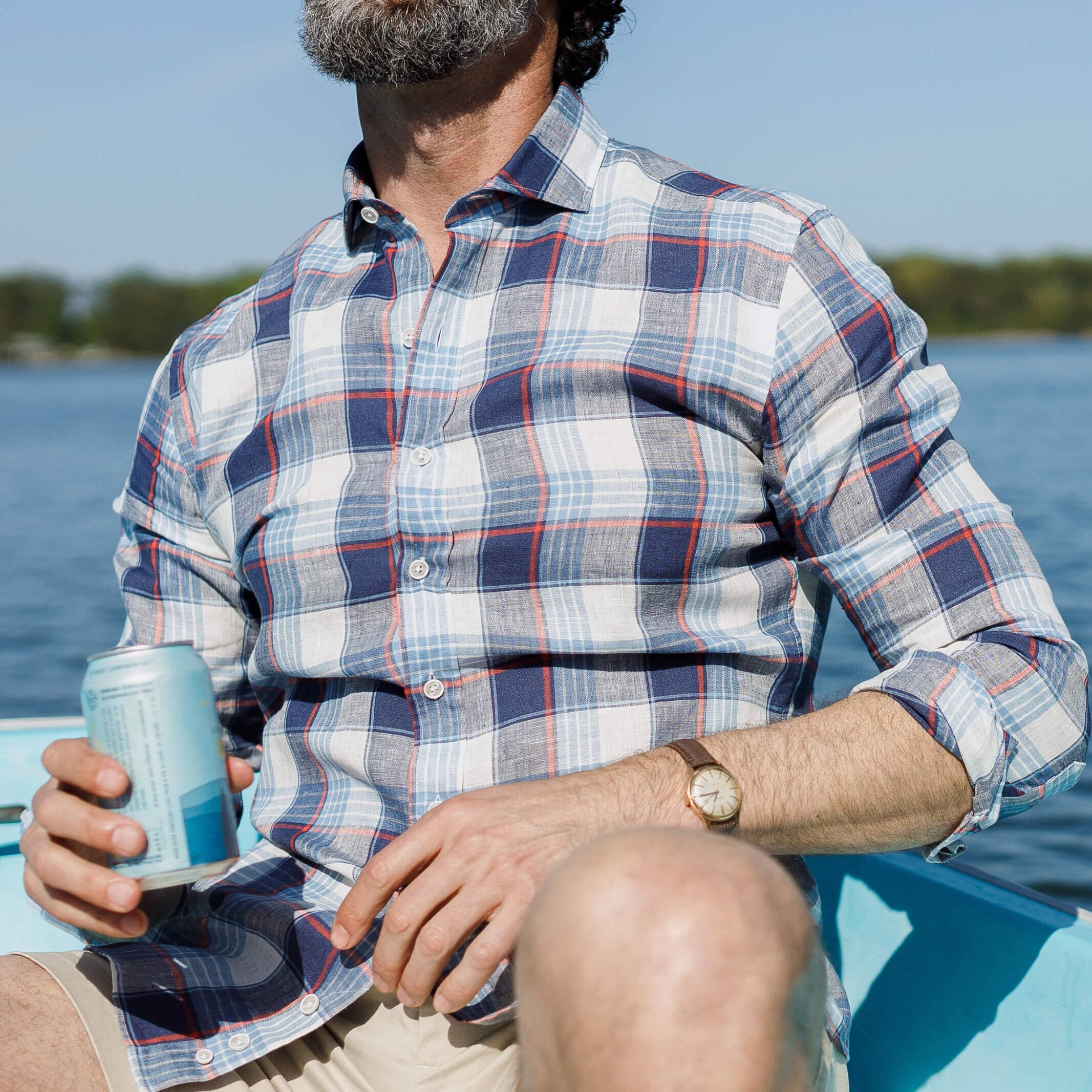 The Cadet Blue Okemo Plaid Linen Custom Shirt Custom Casual Shirt- Ledbury