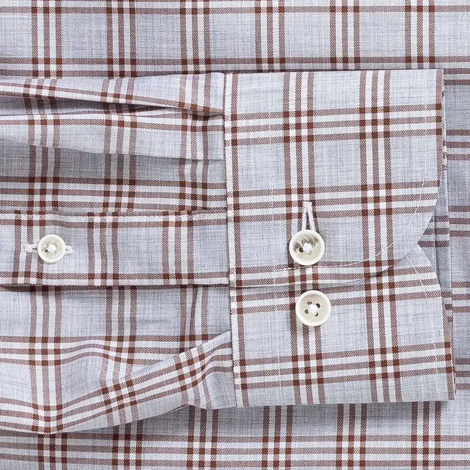 Rustic brown Arnett plaid sleeve detail - double button barrel cuff