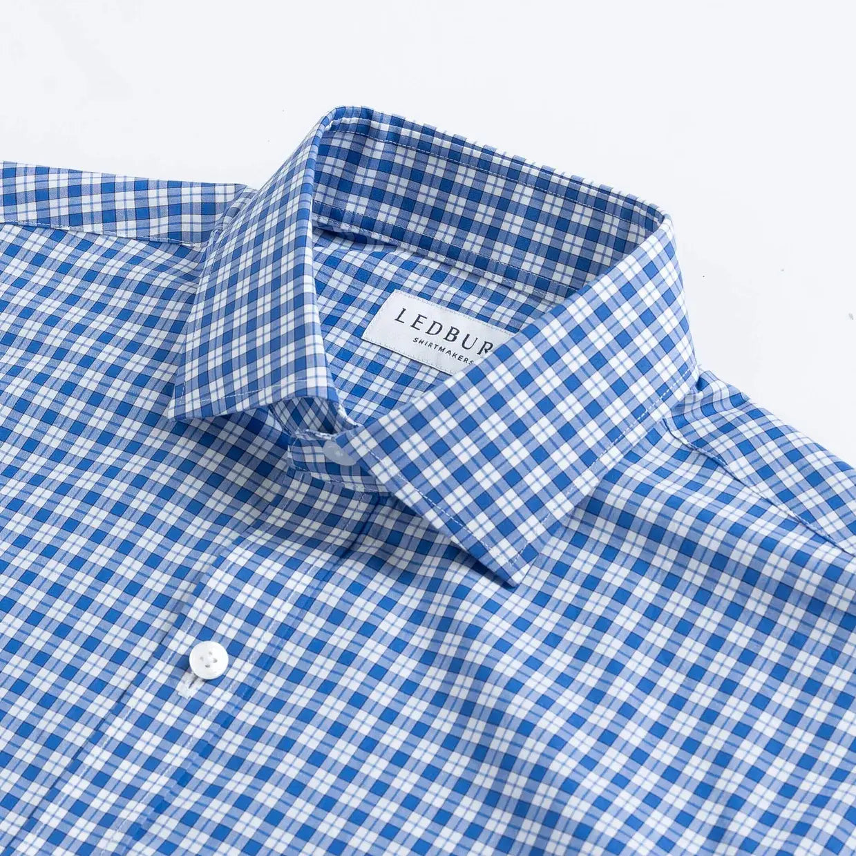 Cobalt Terranova plaid shirt collar detail - Thomas Mason archive Albini-woven fabric