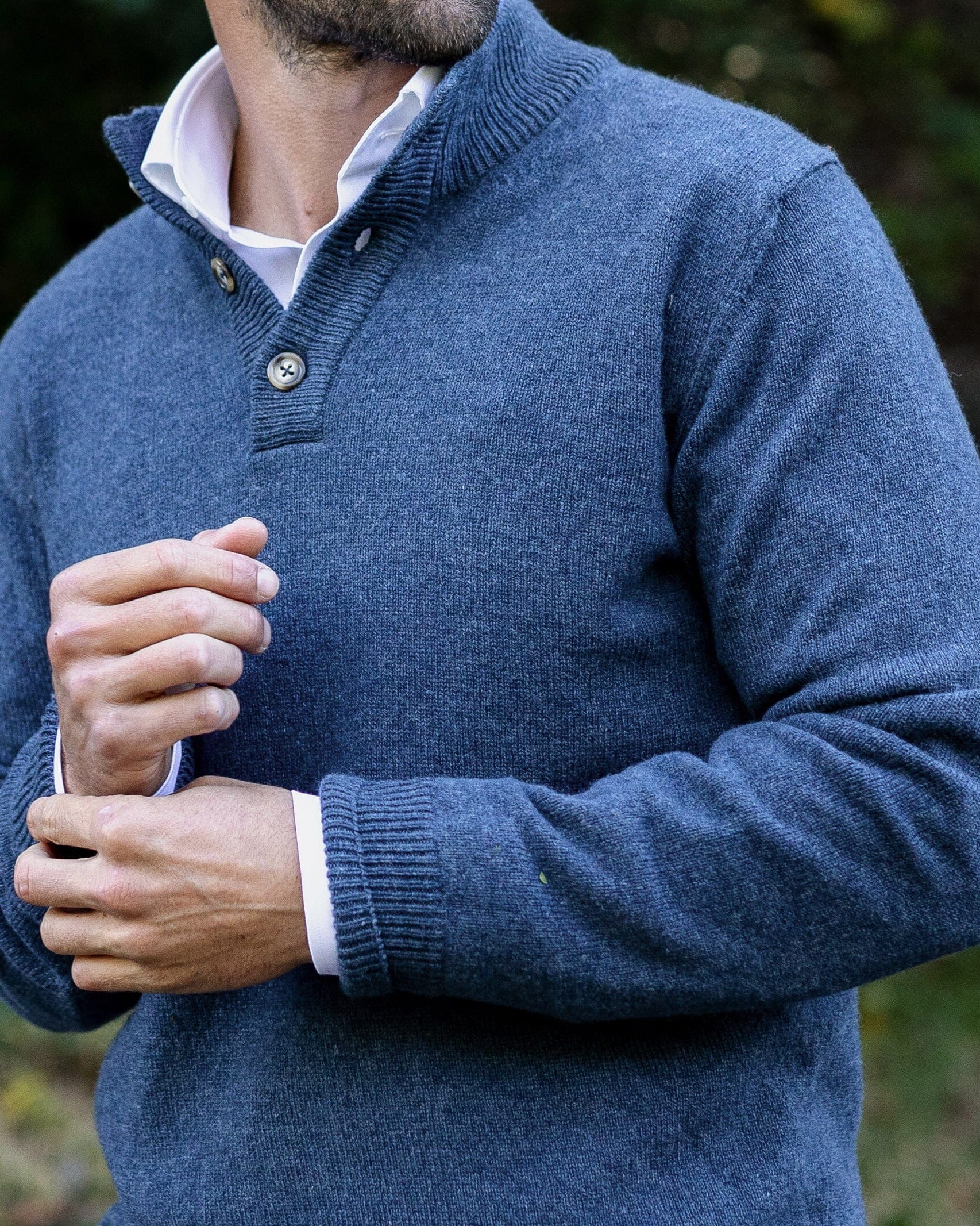 Blue Heather Brewer Mock Neck Sweater styled in casual lifestyle setting