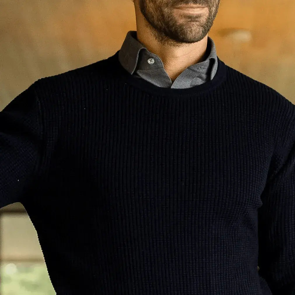 Navy Walden Thermal Crew Sweater – Collar Detail | Ledbury
