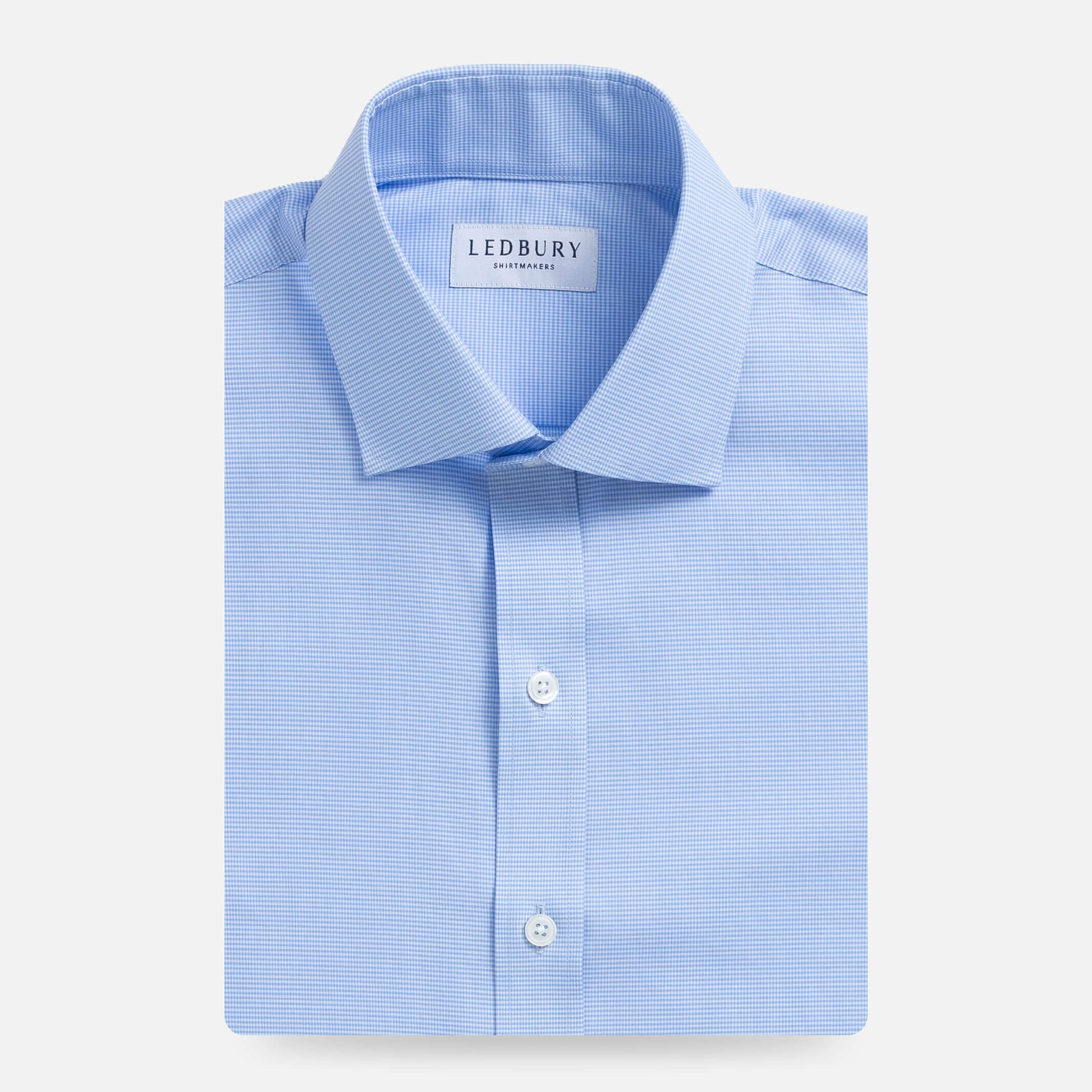 Light blue micro gingham dress shirt flat lay - Kent micro-twill custom fit