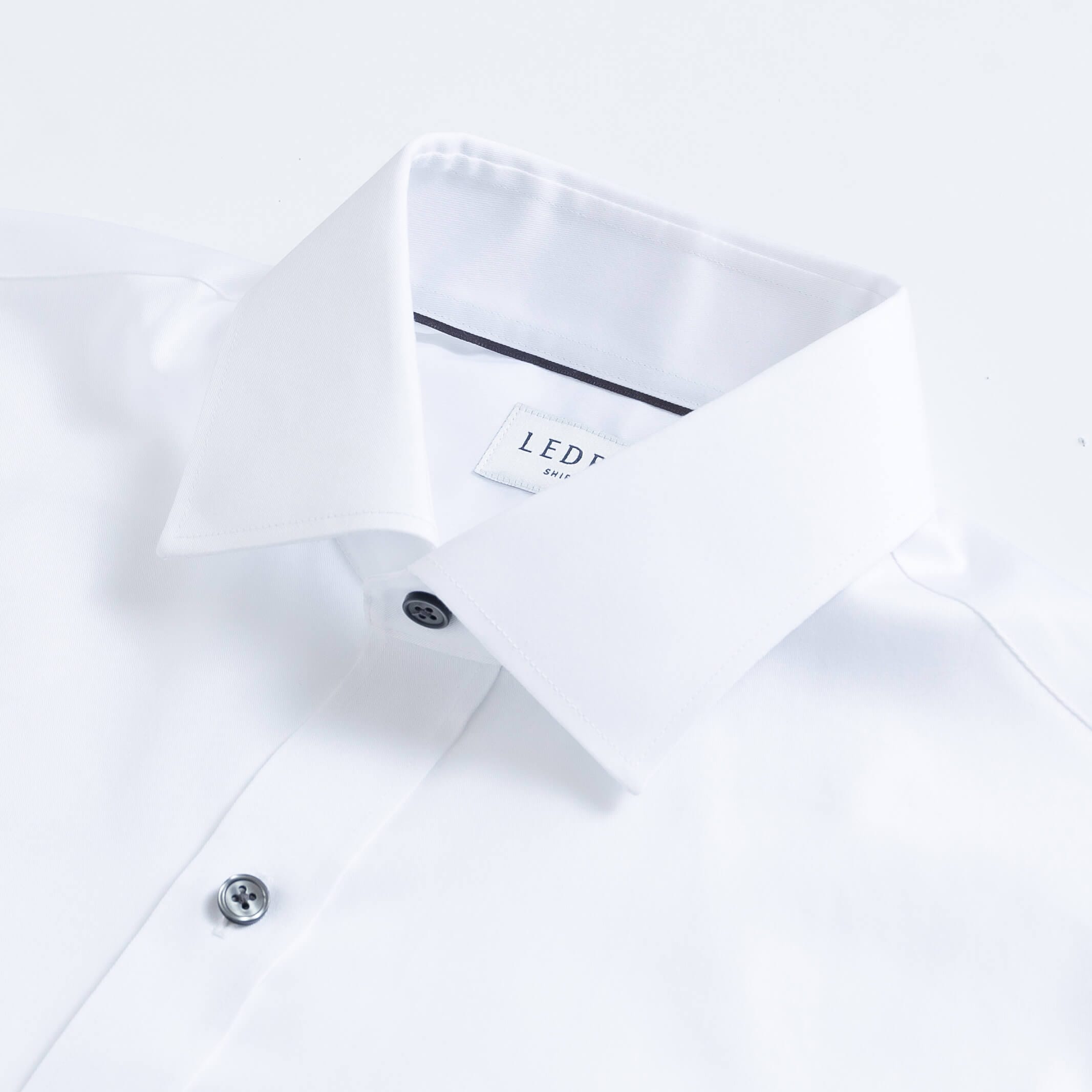 White dress shirt collar with smoke button detail - fine twill custom shirt