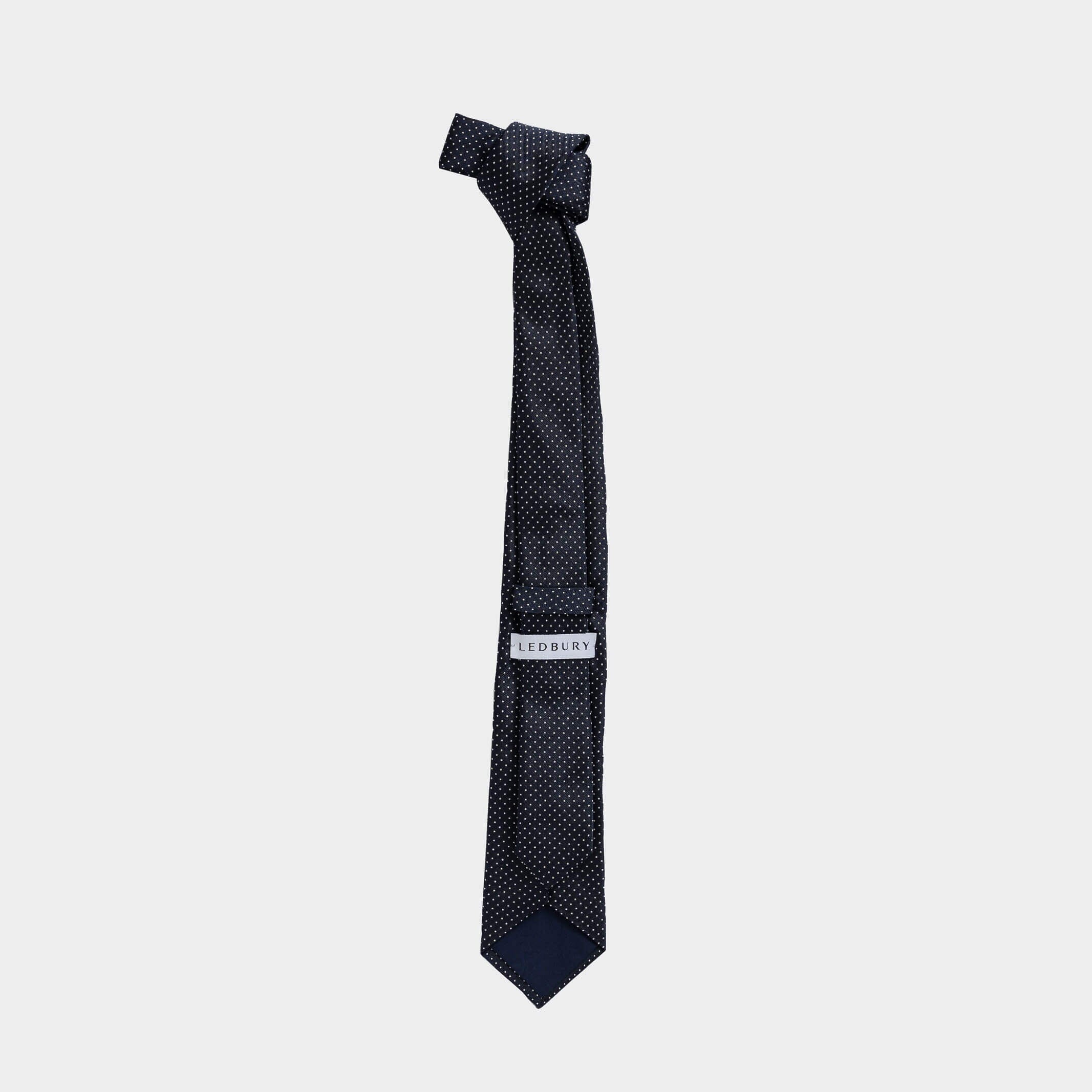 Full length back view of the Navy Basso silk tie — modern width by Ledbury