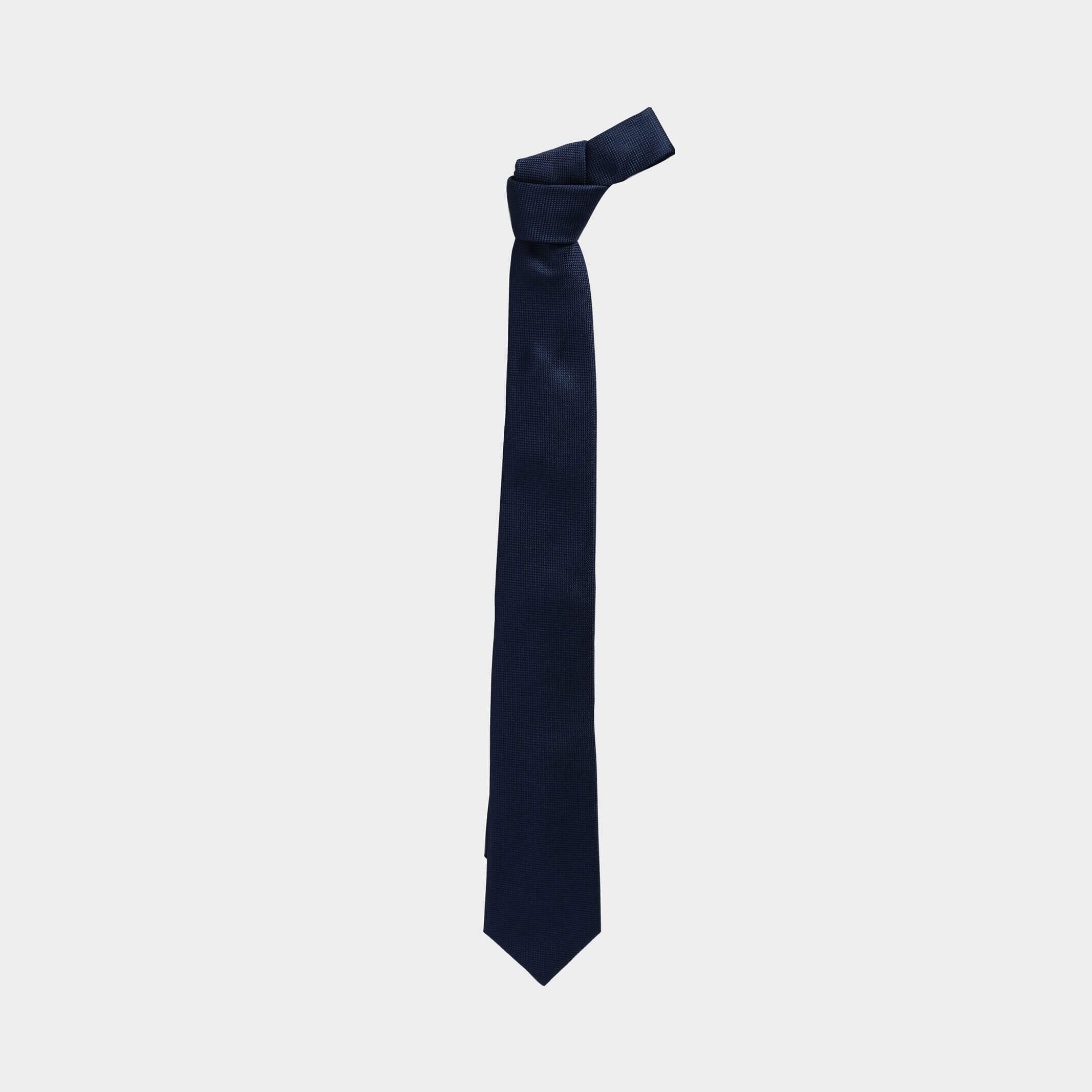 Full length view of the Navy Barone silk tie — modern width by Ledbury
