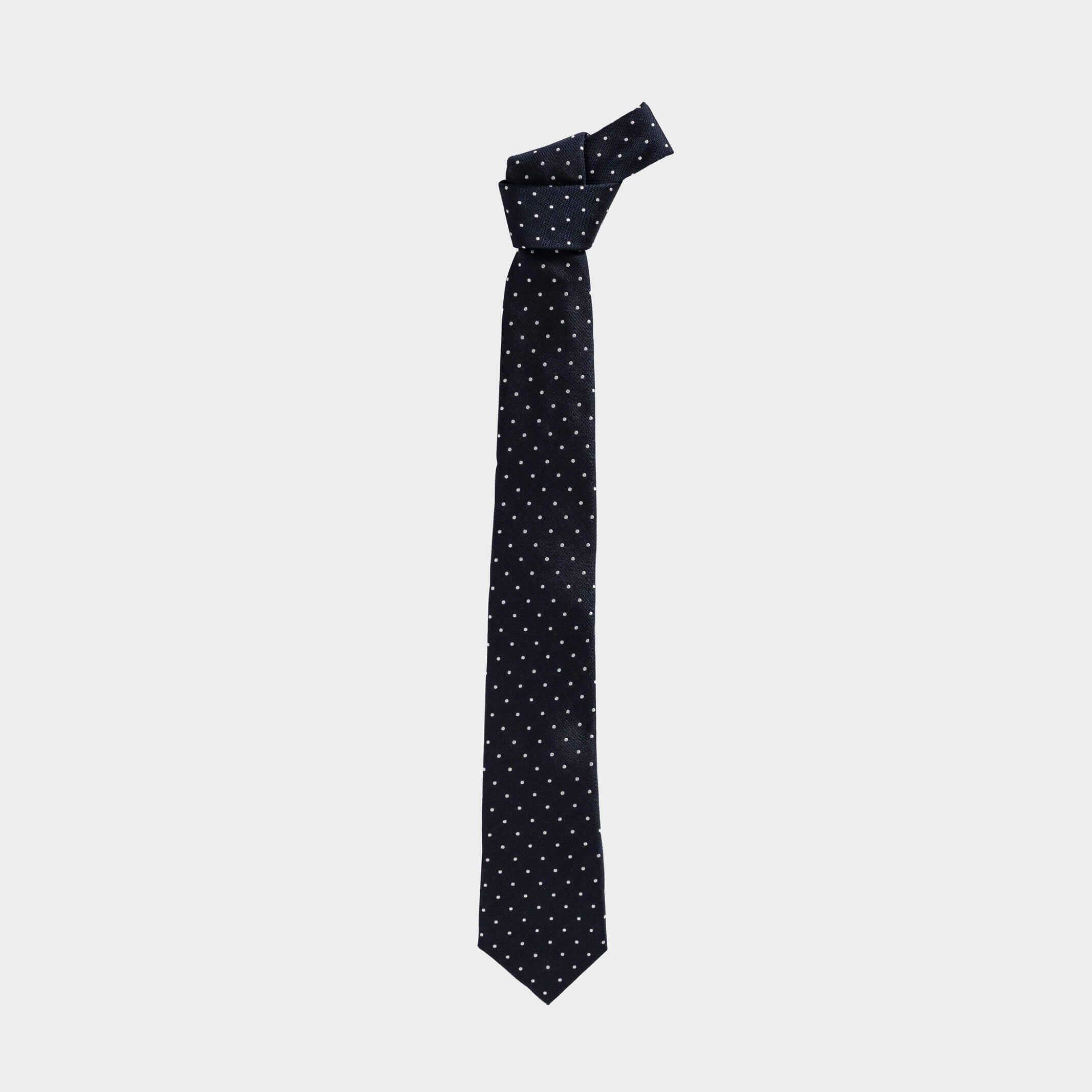 Full length view of the Navy Sarto silk tie — modern width by Ledbury