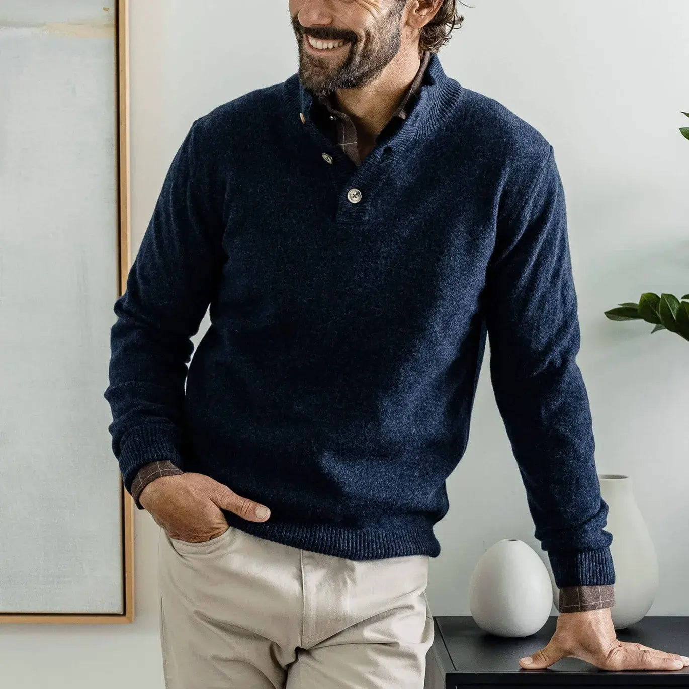 Navy Heather Brewer Mock Neck Sweater worn in lifestyle setting, layered over a dress shirt