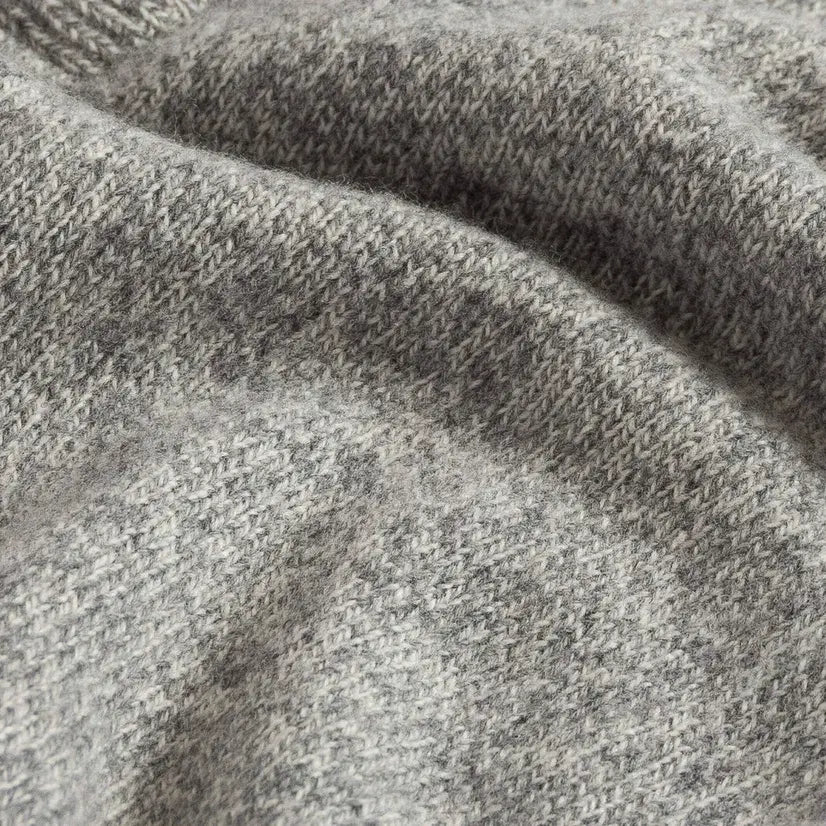 Close-up of smoke heather superfine merino wool knit texture on the Brewer Mock Neck Sweater