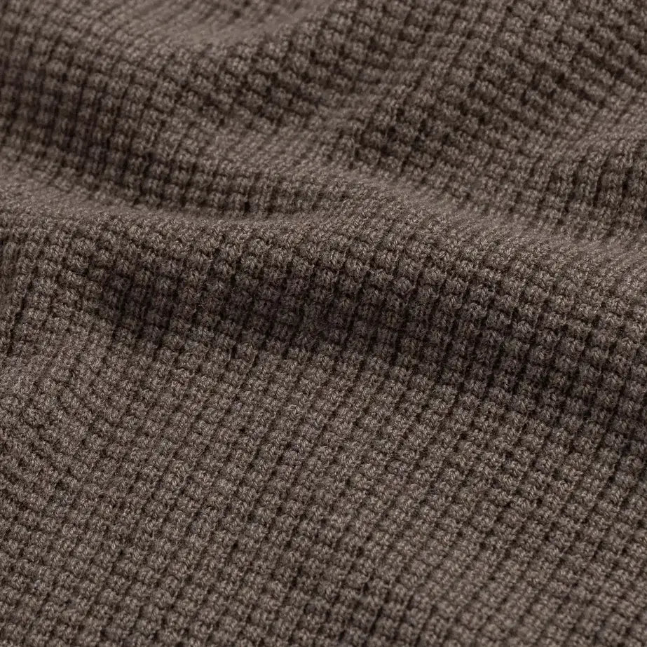 The Brown Walden Thermal Crew Sweater waffle knit fabric close up - Ledbury