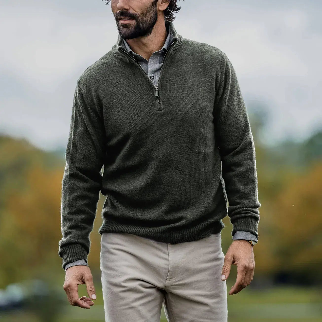 Men's Forest Ashton quarter-zip sweater styled over a button-down — lifestyle shot
