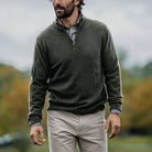 Men's Forest Ashton quarter-zip sweater styled over a button-down — lifestyle shot