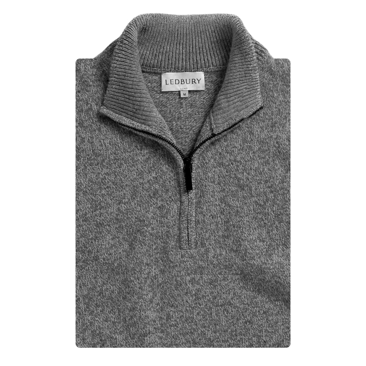 A folded gray heathered knit quarter-zip sweater with a ribbed mock neck collar, featuring a visible LEDBURY brand label inside the collar.