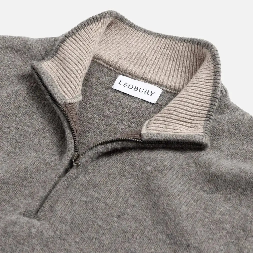 Vintage brass quarter-zip with leather pull detail on the Seal Heather Ashton sweater by Ledbury