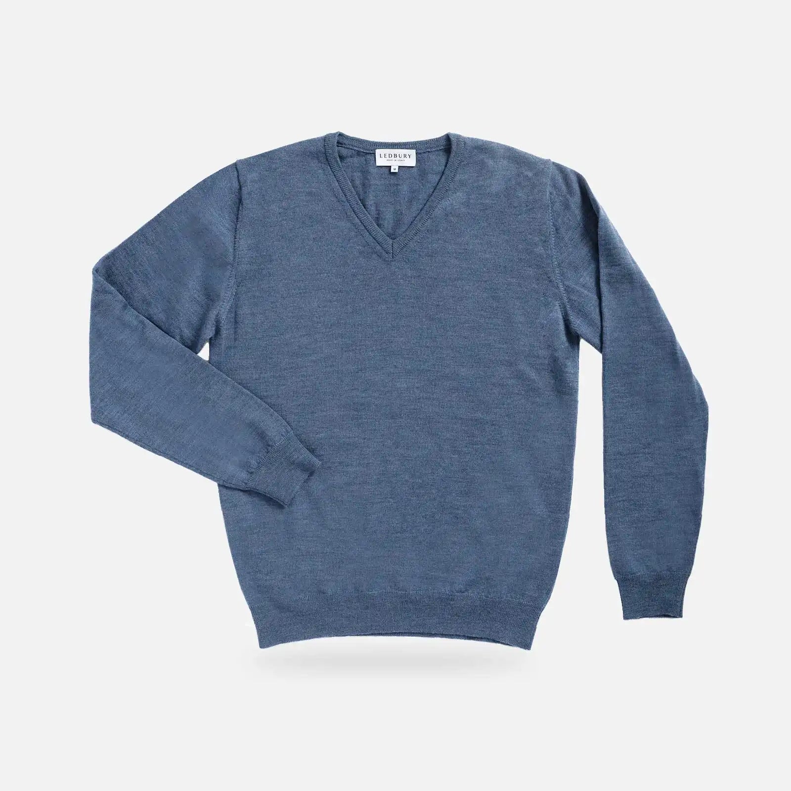 Men's Blue Heather Emmons extrafine wool V-neck sweater — front view