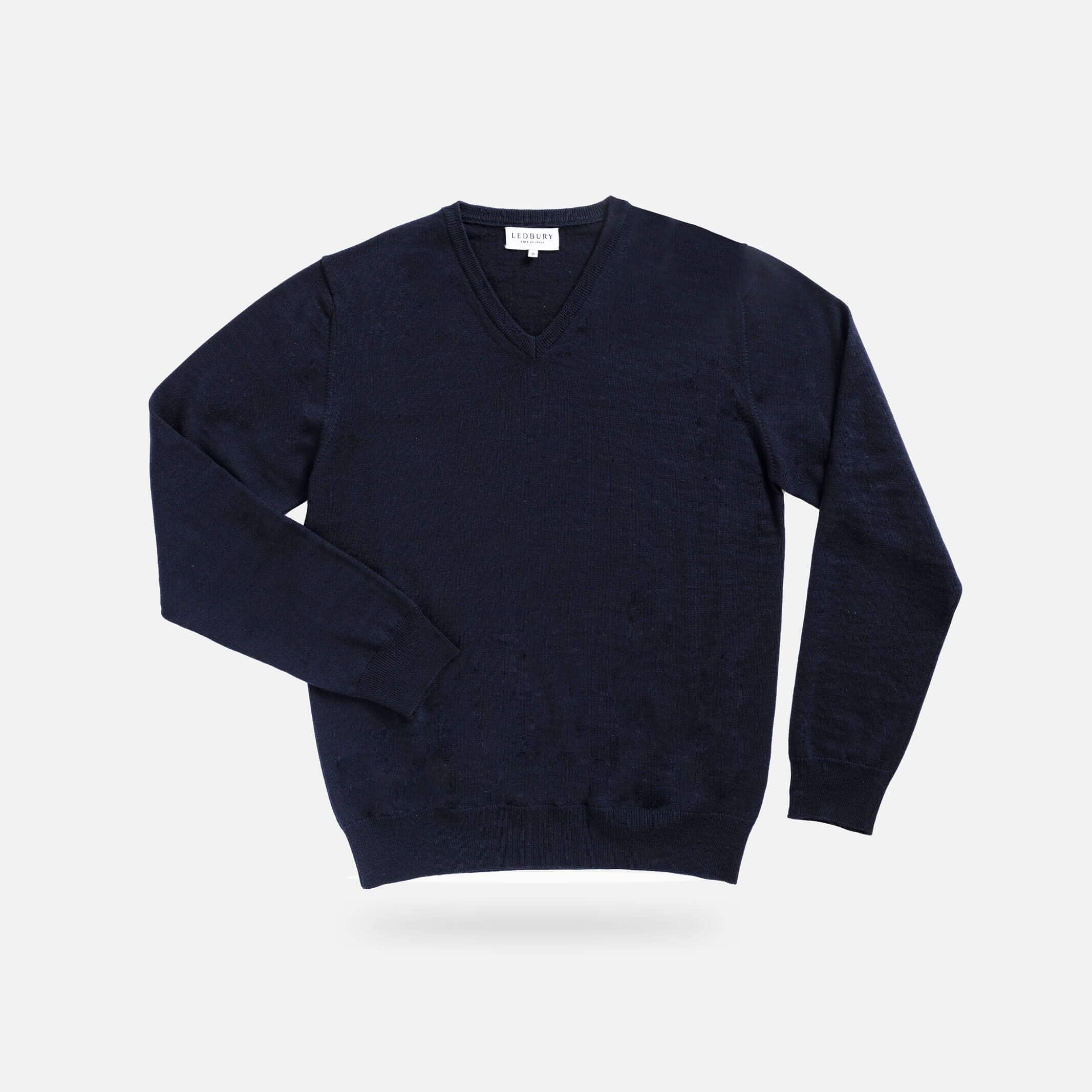 Men's Navy Emmons extrafine wool V-neck sweater — front view