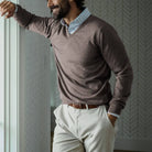 Men's Brown Heather Emmons V-neck sweater layered over a dress shirt — lifestyle shot