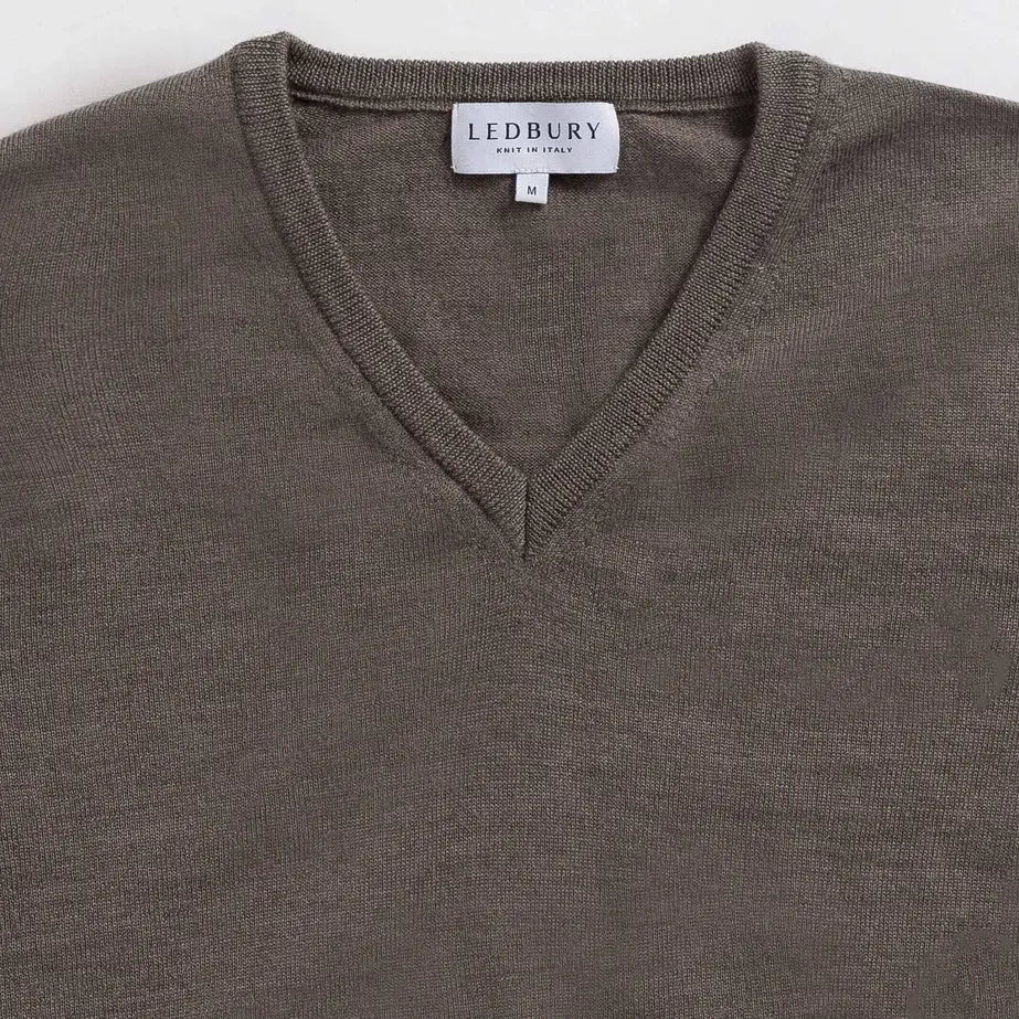 Rib-knit V-neck and cuff detail on the Brown Heather Emmons sweater by Ledbury