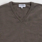 Rib-knit V-neck and cuff detail on the Brown Heather Emmons sweater by Ledbury