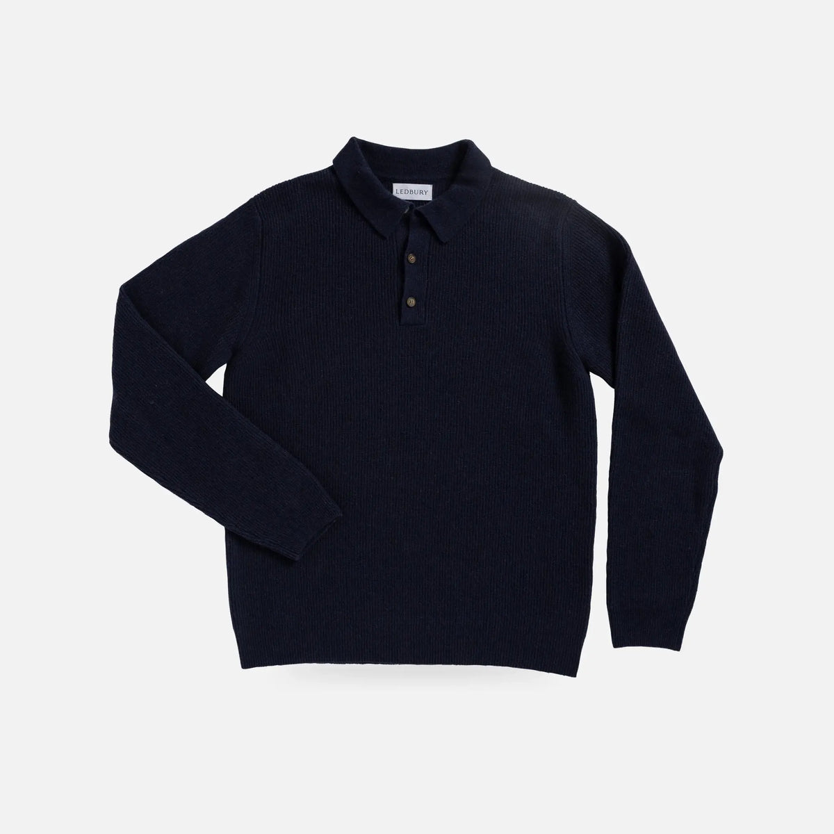 A dark navy blue ribbed knit polo sweater with a three-button placket, displayed flat against a light gray background.