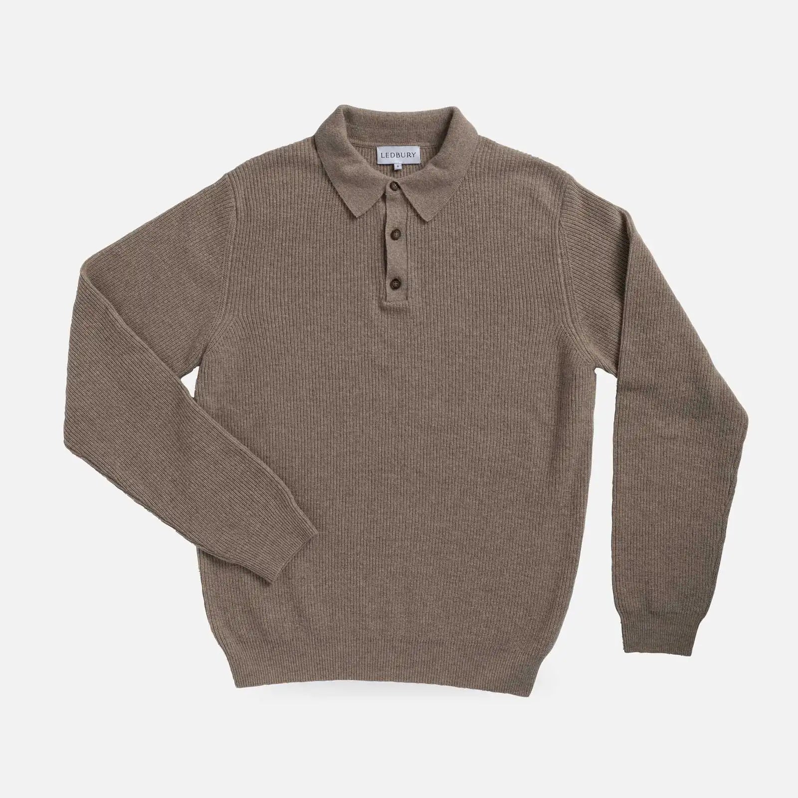 Men's Soft Brown Atwood knit collar polo sweater — front view