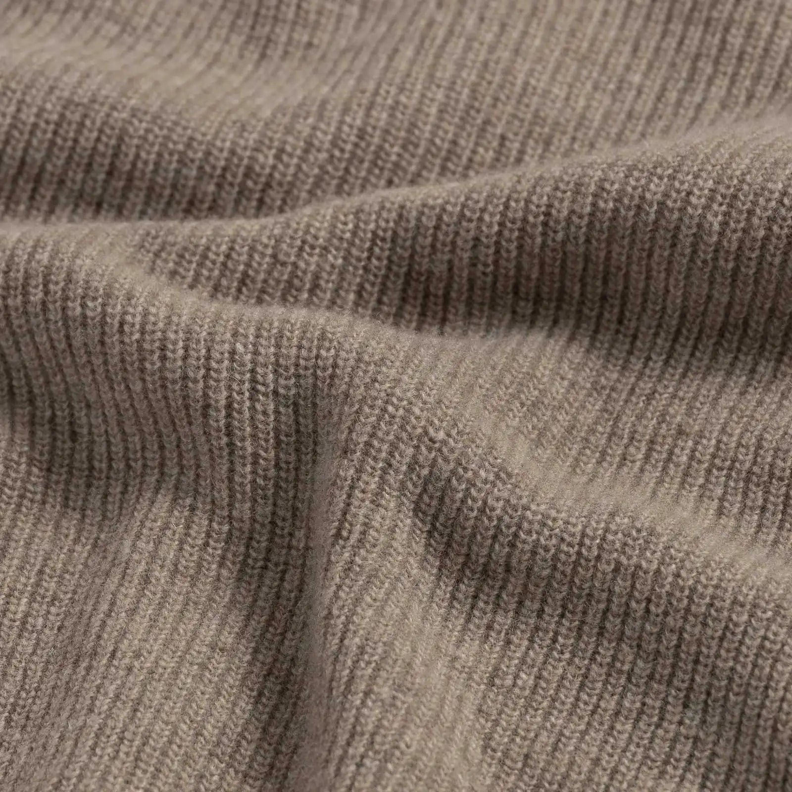 Close-up of 12gg rib wool blend fabric on the Soft Brown Atwood knit collar sweater