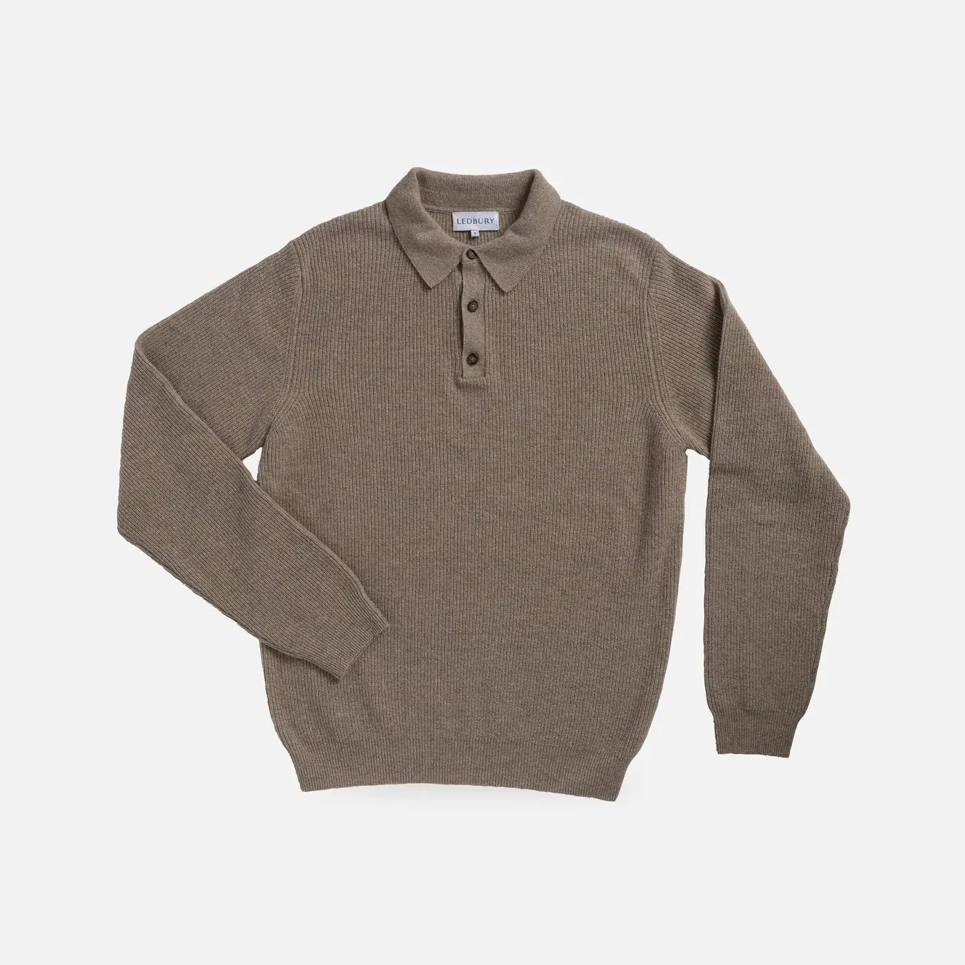 A taupe brown ribbed knit polo sweater with a three-button placket, displayed flat against a light gray background.