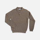 A taupe brown ribbed knit polo sweater with a three-button placket, displayed flat against a light gray background.