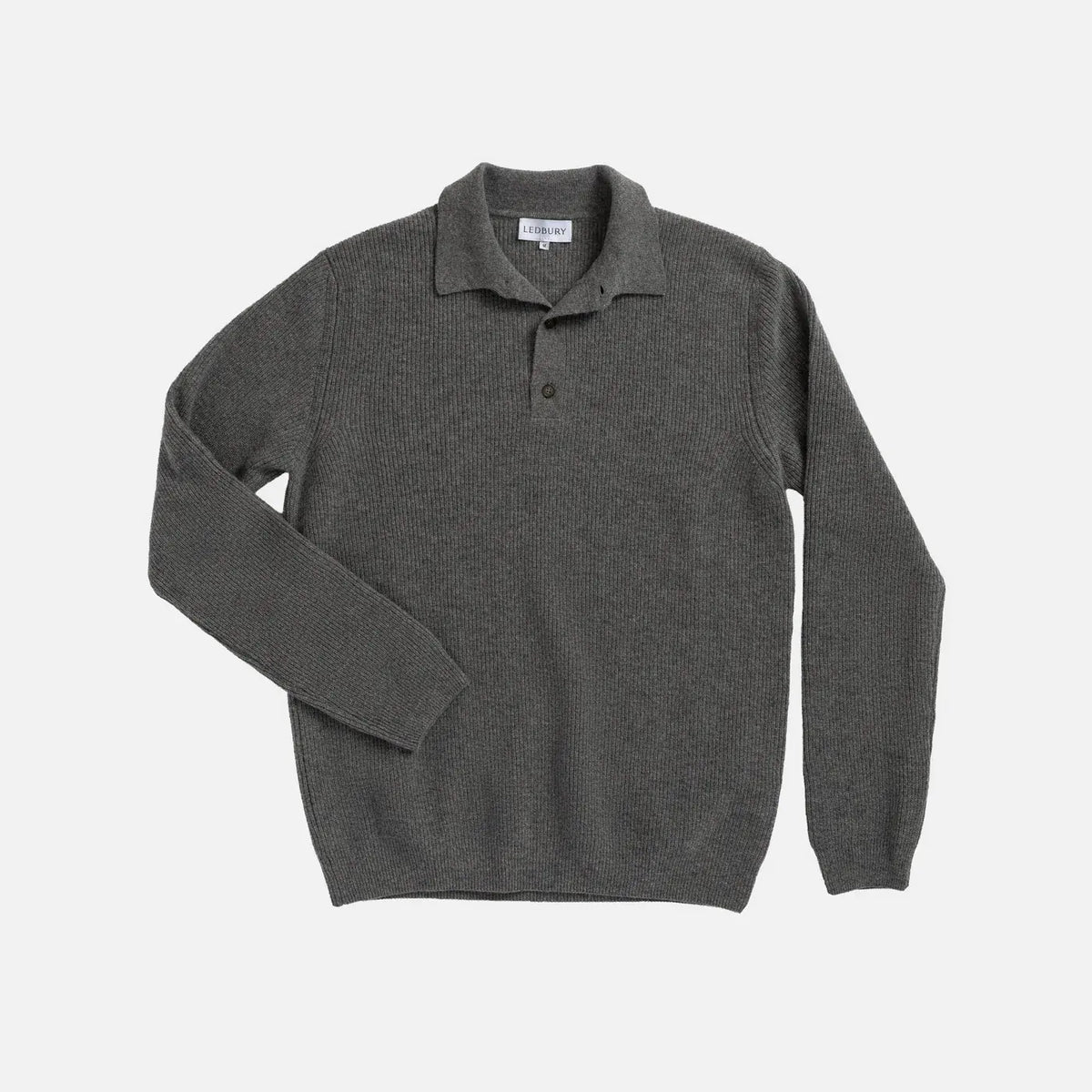 A dark gray ribbed knit polo sweater with a collar and two-button placket, displayed flat against a light gray background.
