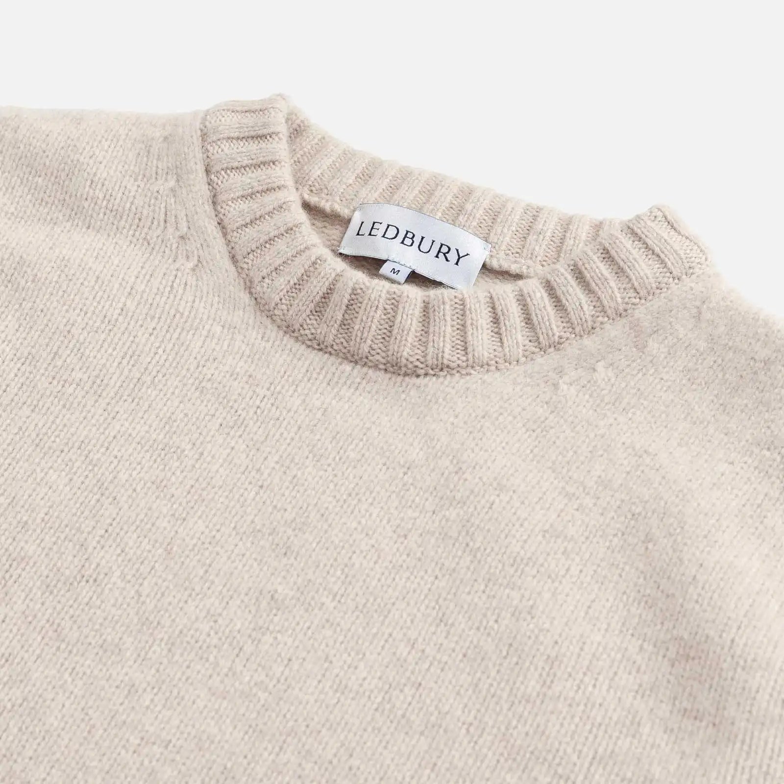 Contrast ribbing detail at neck and cuffs on the Beige Boden Crew sweater by Ledbury