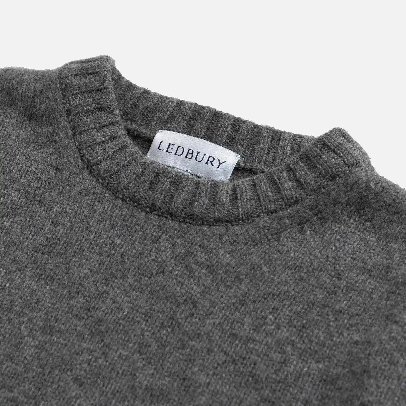 Close-up of 100% merino wool 5gg jersey knit on the Charcoal Boden Crew sweater