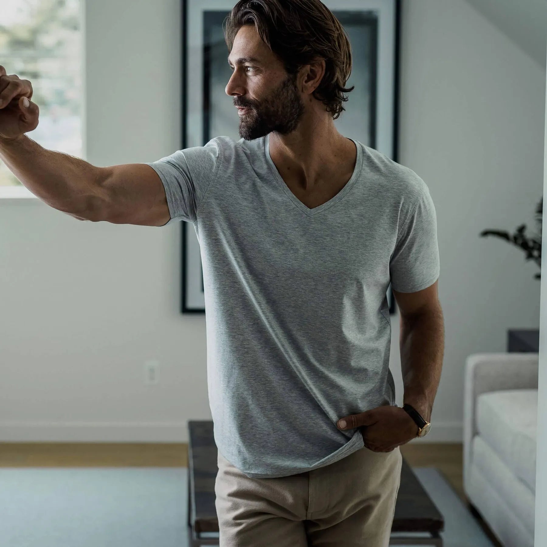 Ledbury Heather Grey V Neck Undershirt – lifestyle view, slim fit jersey knit undershirt