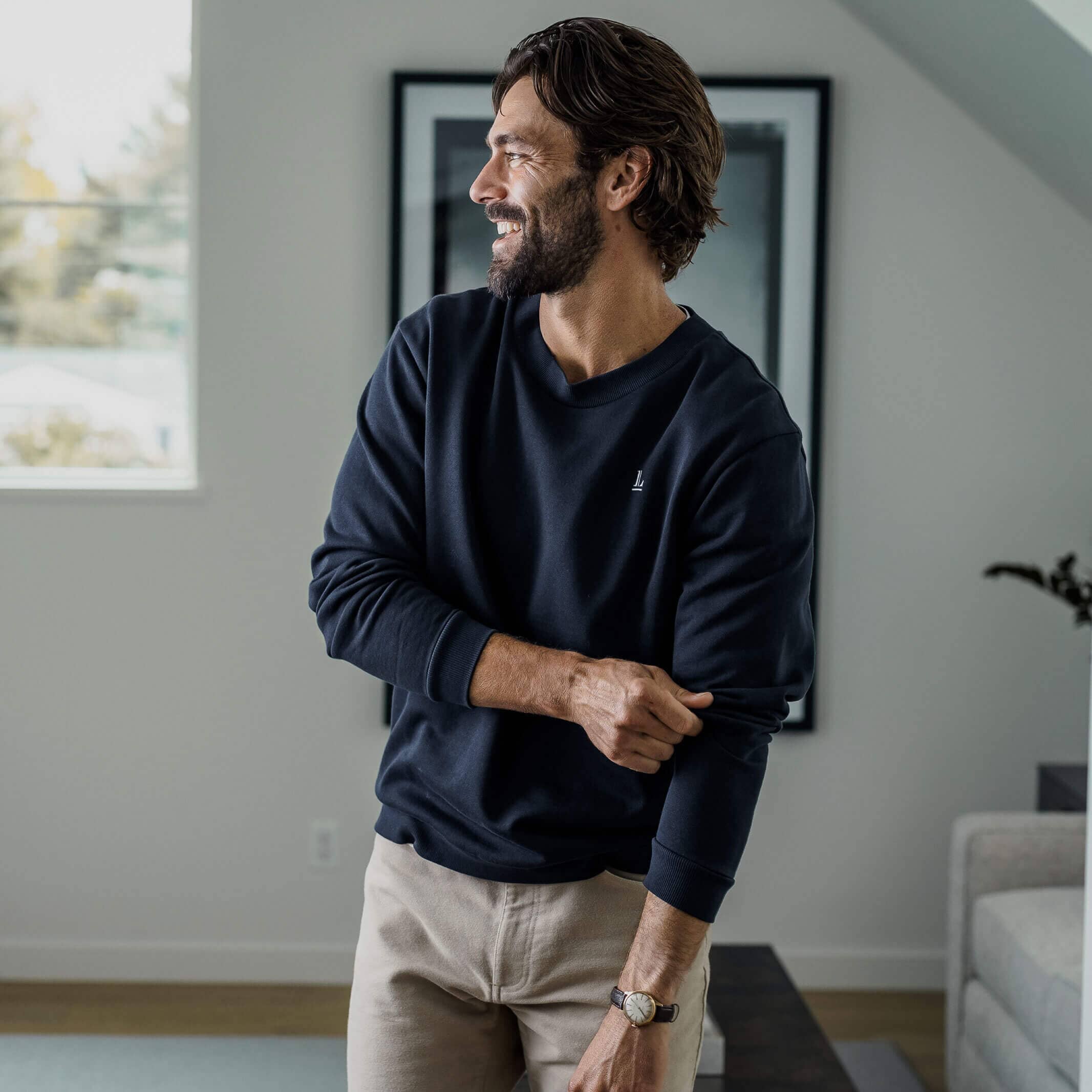 Ledbury Navy Crew Neck Sweatshirt – lifestyle view