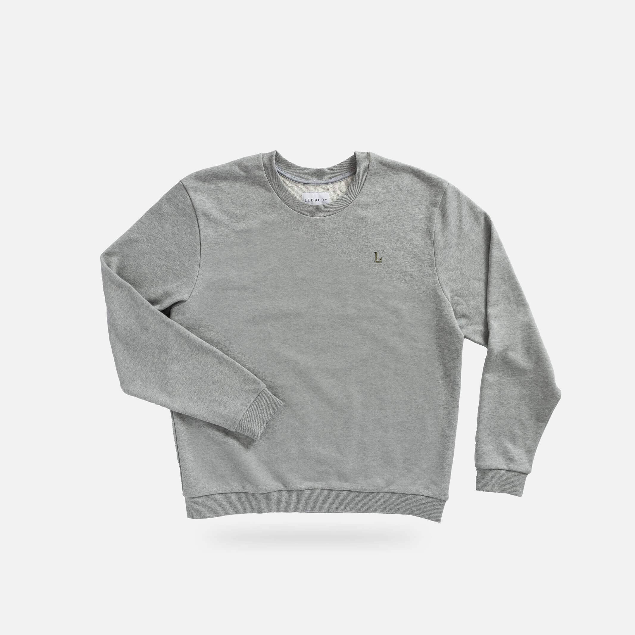 Ledbury Heather Grey Crew Neck Sweatshirt – front view, 100% cotton terry cloth with embroidered L logo