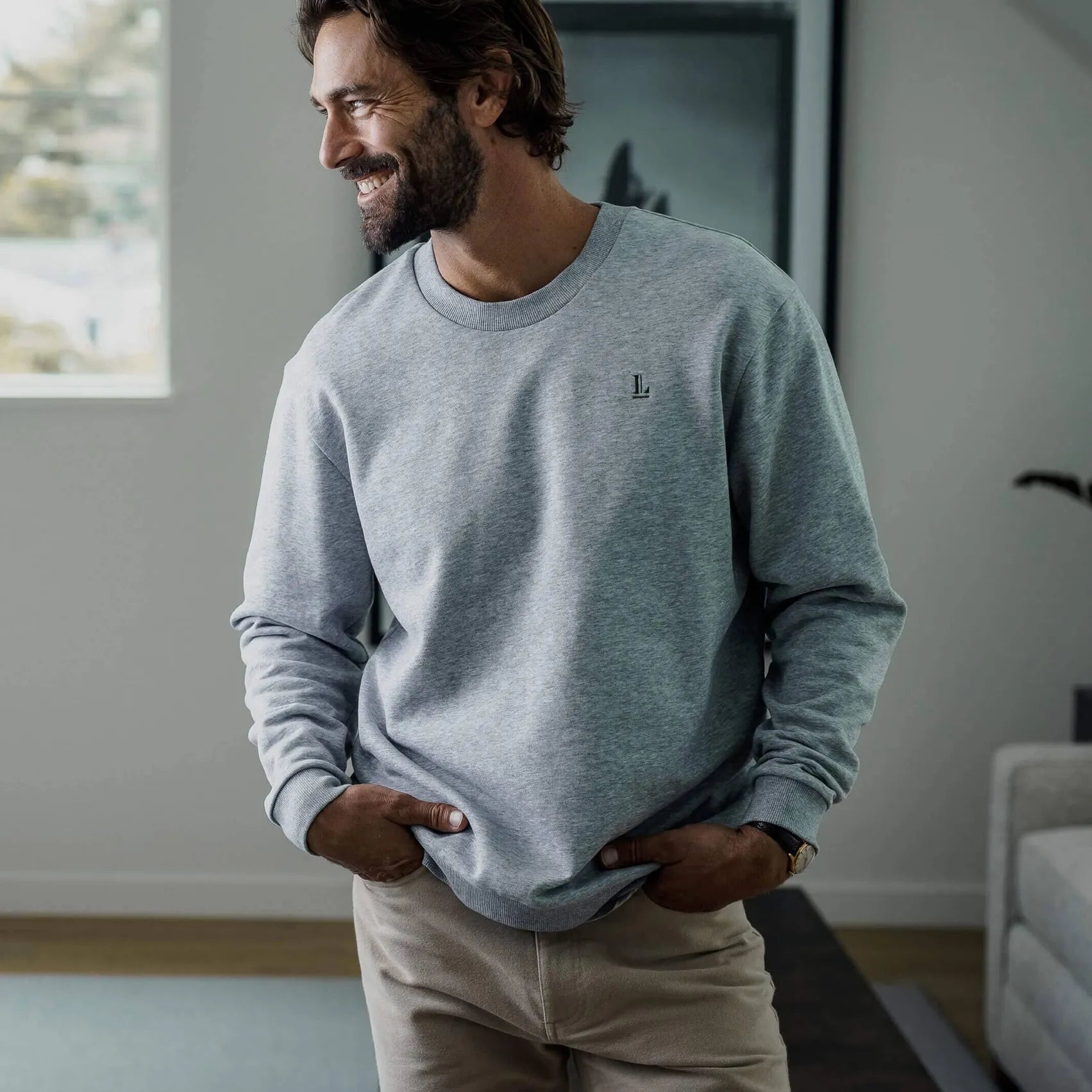 Ledbury Heather Grey Crew Neck Sweatshirt – lifestyle view, layered over dress shirt
