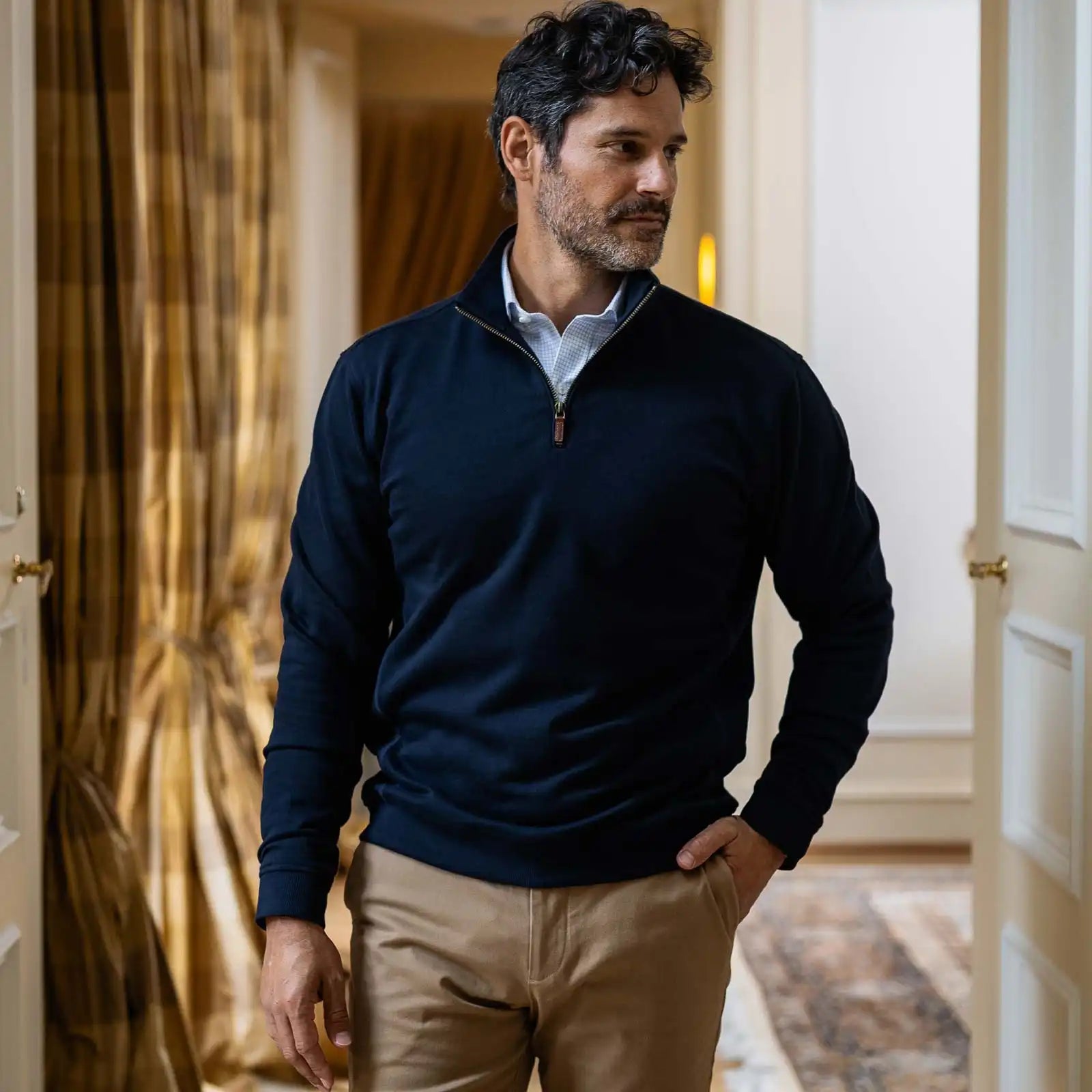 Ledbury Navy Quarter Zip – lifestyle view, layered over dress shirt